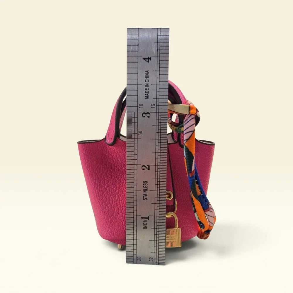 Pink Vegan Leather Mini Bucket Bag Charm With Lock And Scarf Detail